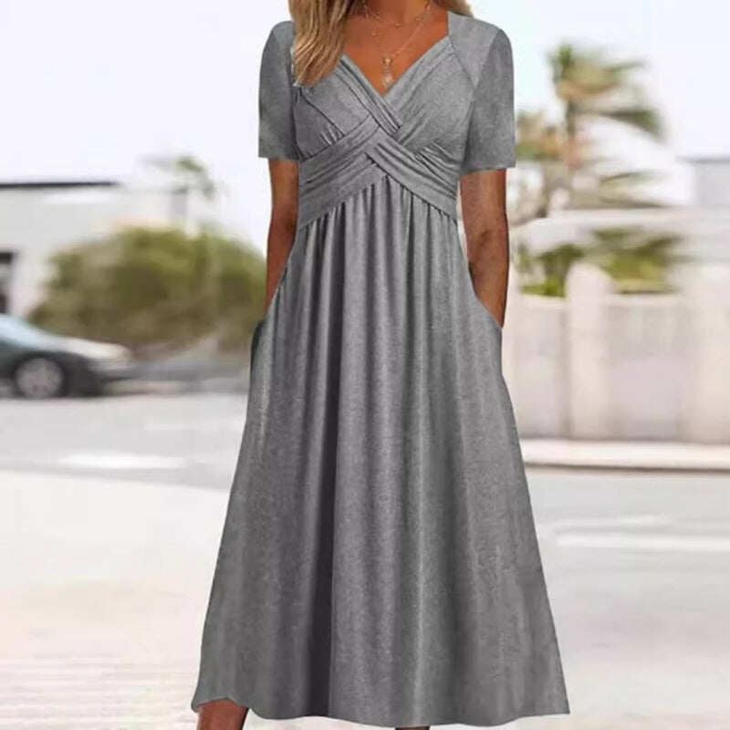 Vestidos de mulher de manga curta e decote em V