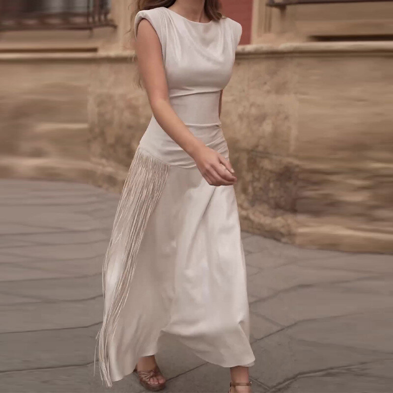 Moda feminina em torno do pescoço sem mangas cor sólida borla casual vestido evasê
