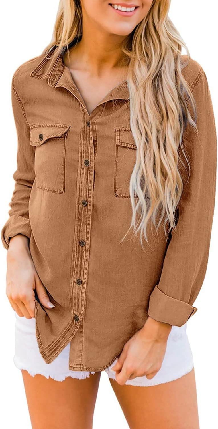 luvamia farmer ing Női Chambray Jean Western Shirts Hosszú ujjú gombos felsők