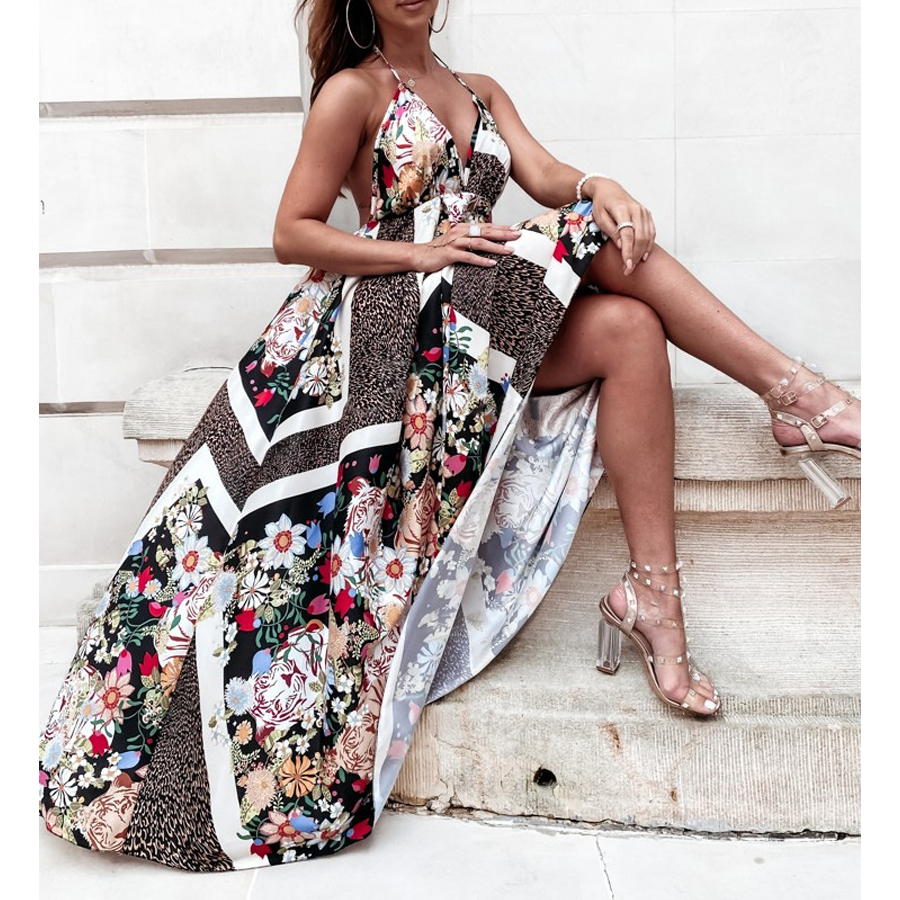 🌼 V Neck Blossom Printed  Backless Sling Dress 👗