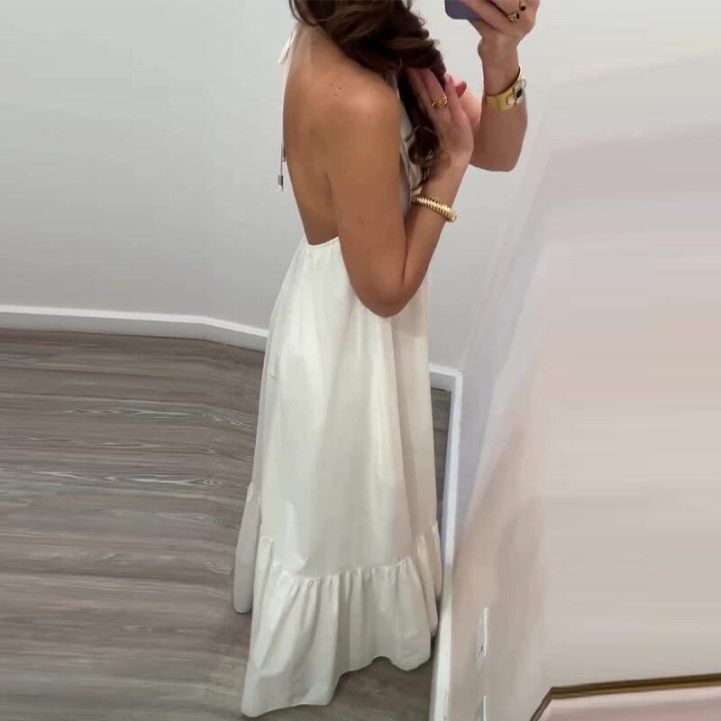 Vestido sem costas elegante de flor tridimensional de cor sólida de estilo suave sofisticado