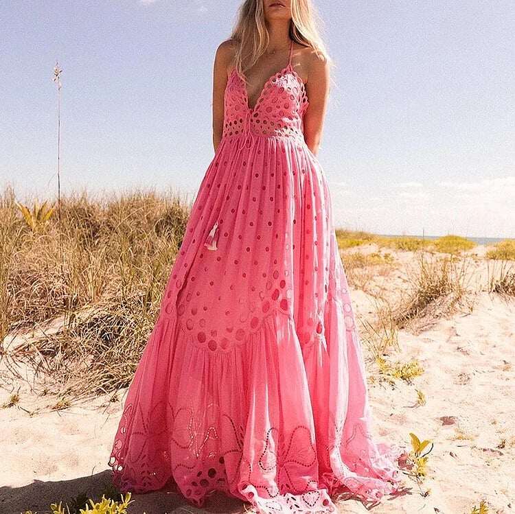 ✨Pink swimsuit set with laser-cut hemstitch and skirt