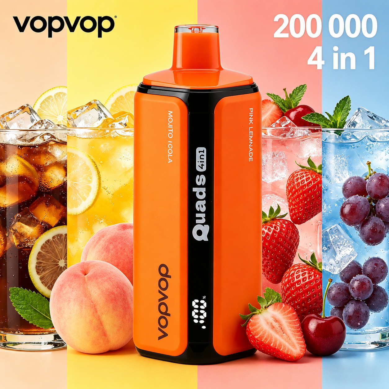 🚀 VOPVOP 200K – 200 000 slukkot bír ki | Négy íz egyben | Eldobható elektronikus cigaretta, nikotintartalom 0% / 2% / 5% • 10 íz