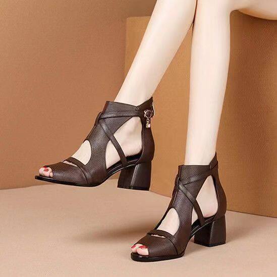 Sandálias de couro vintage da moda (salto de 5 cm)