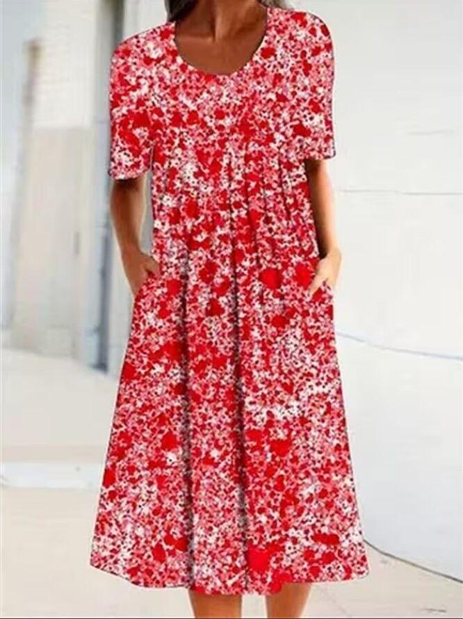 Vestido midi feminino primavera e verão com gola redonda estampado floral e bolso