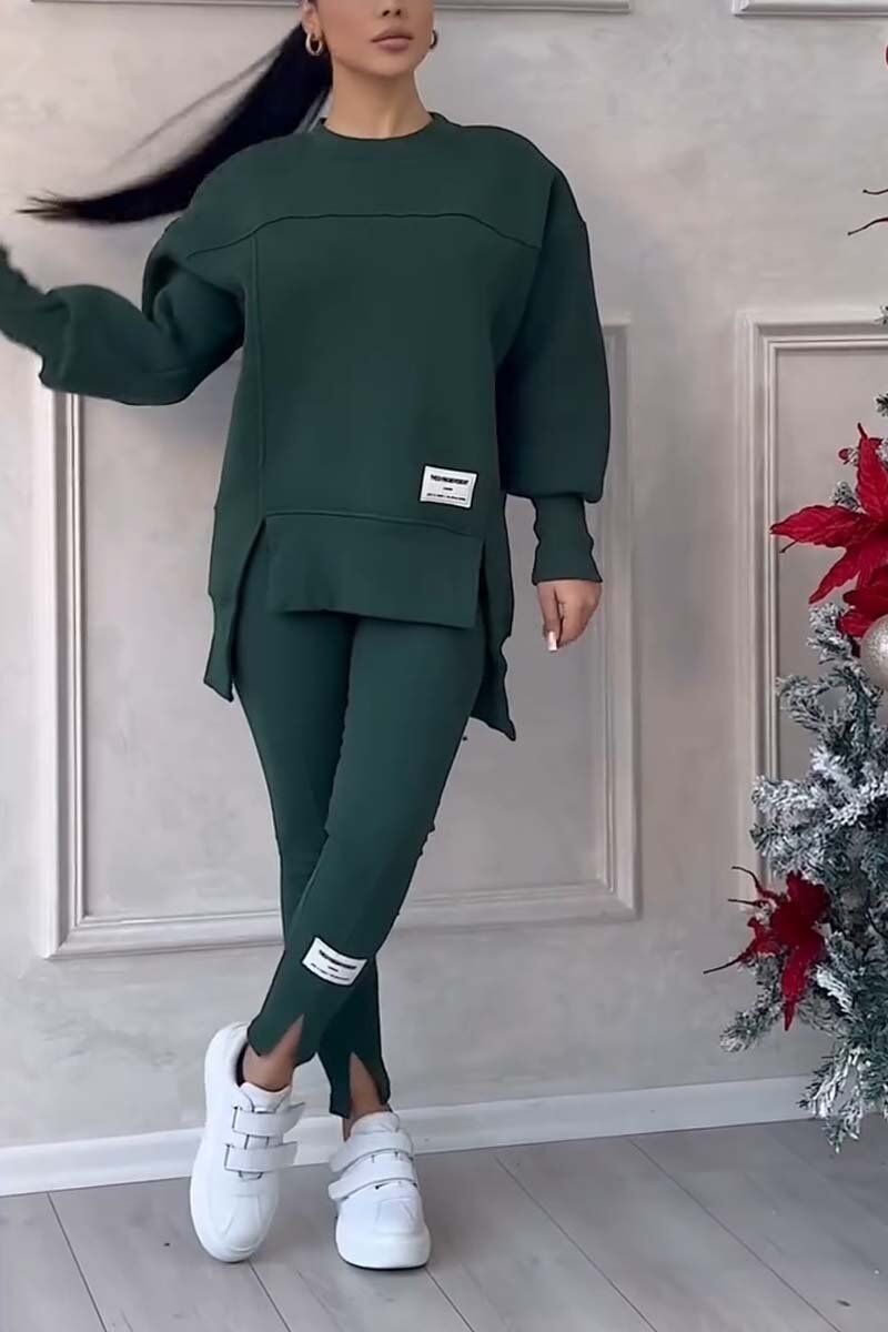 Conjunto feminino casual de cor sólida com gola redonda e manga comprida