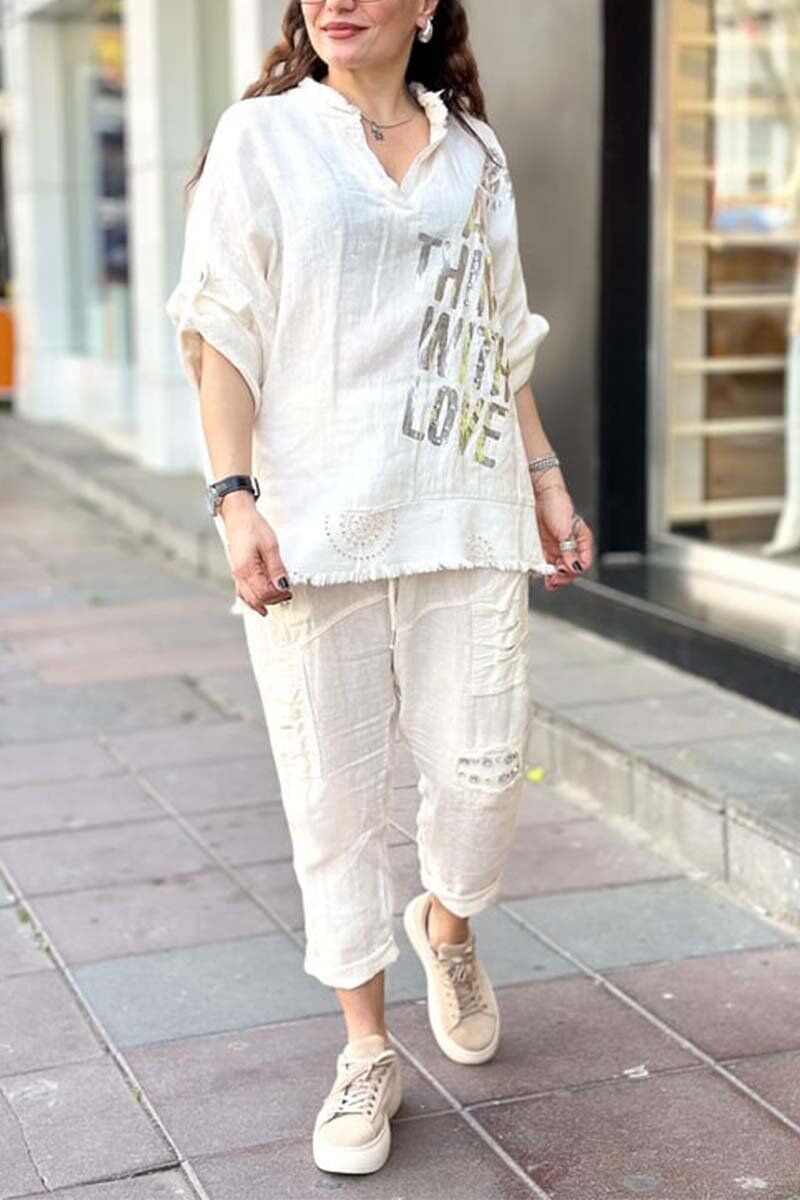 Conjunto blusa + calça dia feminino em algodão e linho
