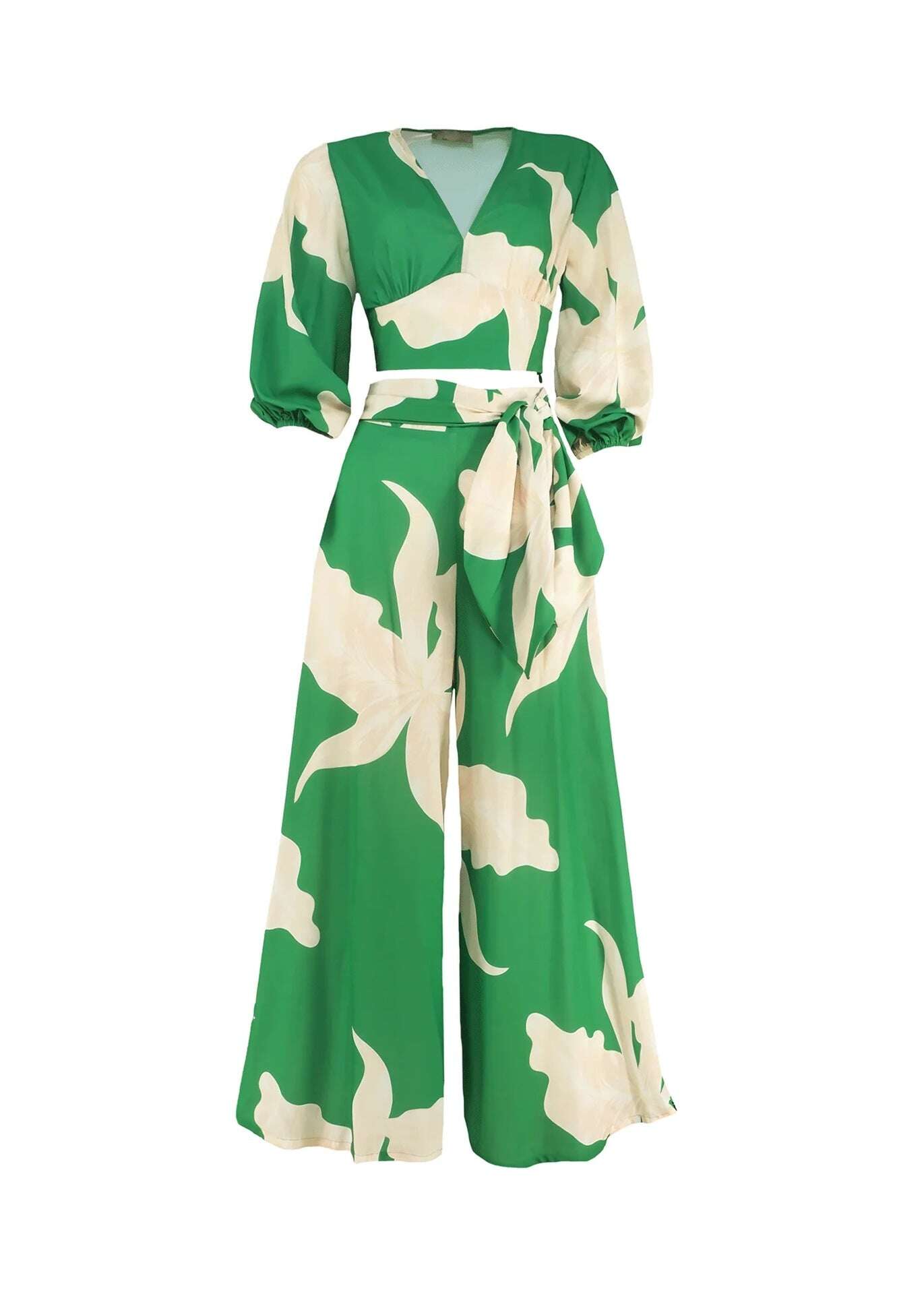 2022 Сладък печат V-образно деколте с фенер къс ръкав къса риза панталони с висока талия широк комплект от две части