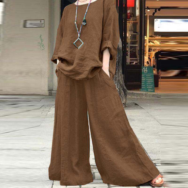Conjunto feminino de duas peças moda casual algodão linho conjunto de linho de algodão de cor sólida