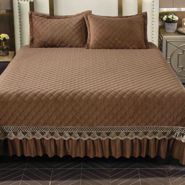 Conjunto de colcha de veludo 230x250cm 3 peças com bordado marrom + 2 fronhas