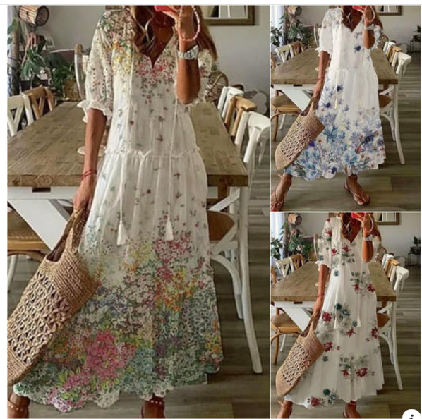 Vestido casual doce solto com decote em V manga longa estampa de barba