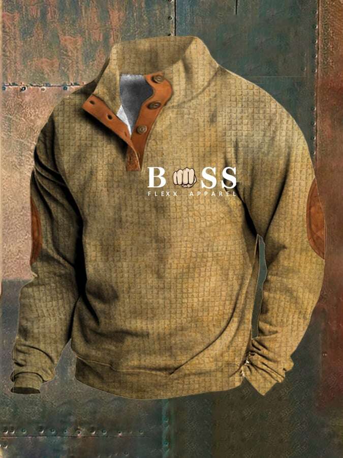Sweatshirt de homem com estampado de letras vintage com colarinho e botão de verificação
