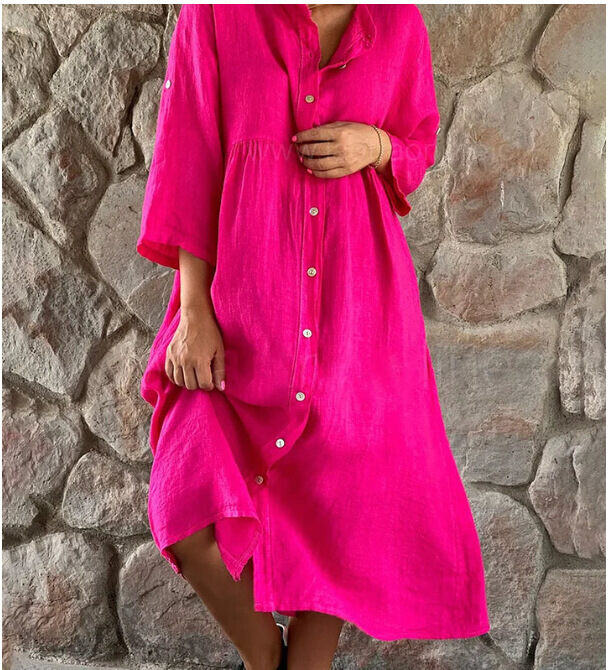 Novo vestido longo casual em algodão e linho de cor sólida com gola mandarim e botões