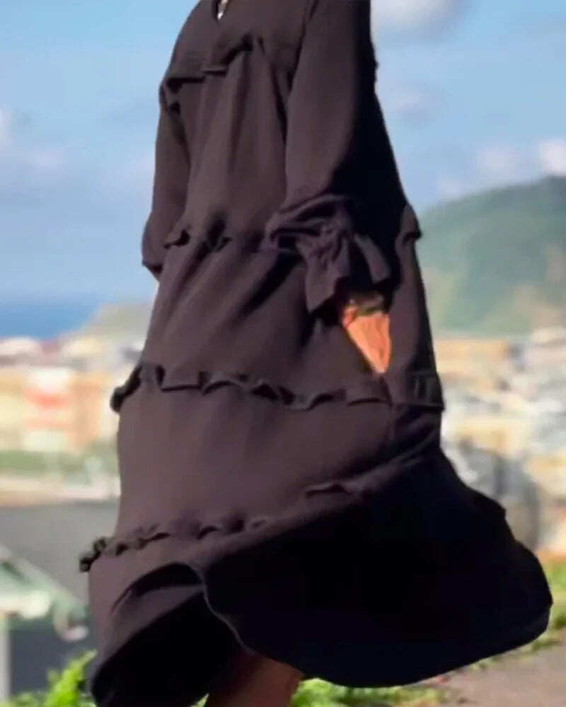 Vestido de manga comprida com folhos monocromáticos