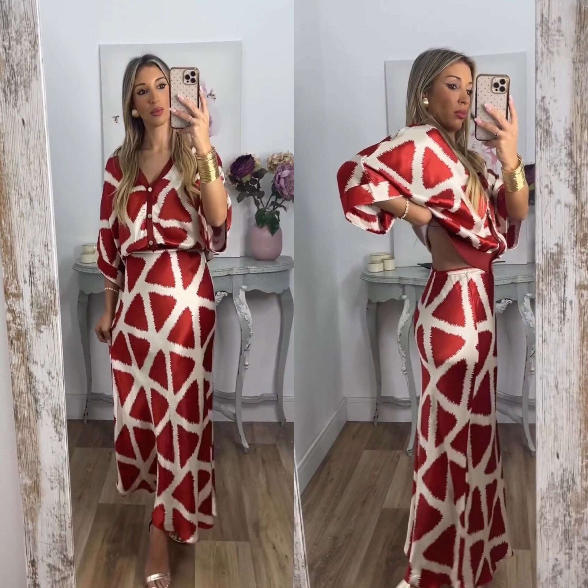 Conjunto elegante de blusa e saia com estampa de peixe e decote em V