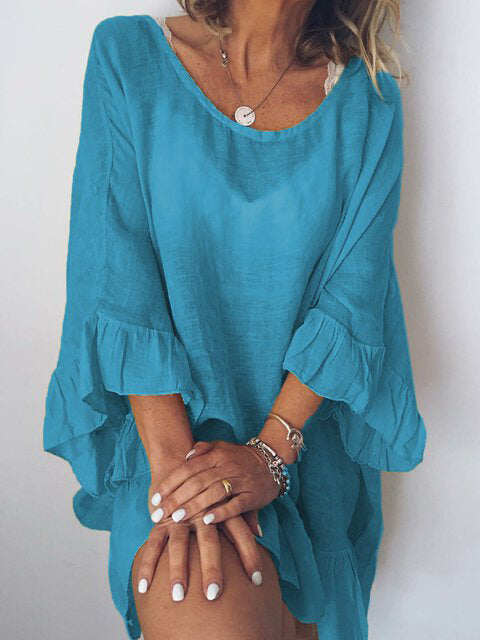 Vestido midi elegante e solto com babados Elveswalt (compre 1 e ganhe 1 grátis)