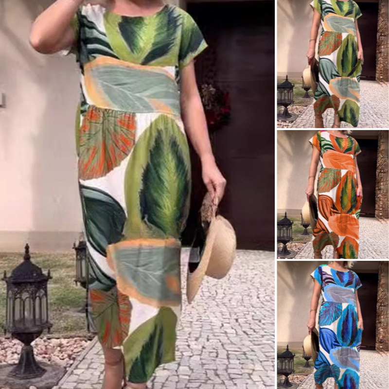 Leaf Print Round Neck Side Split Dress