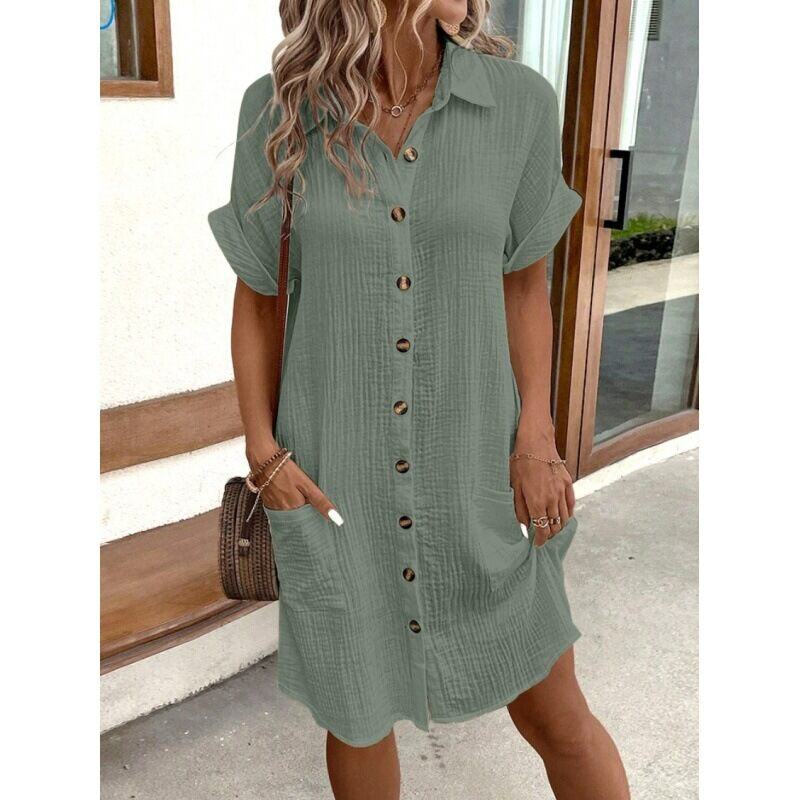 [S-3XL]Vestido camisa simples de verão 2024 com decote em V