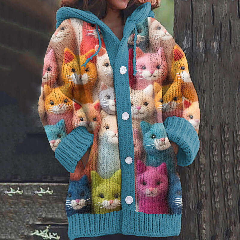 Camisola colorida e aconchegante com capuz com gatos