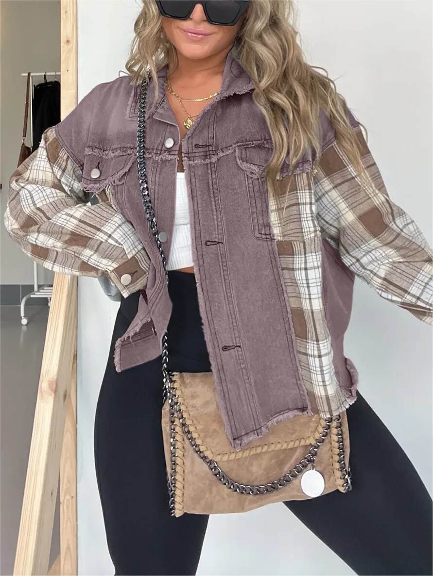 JAQUETA XADREZ E JEANS EM BLOCO COLORIDO