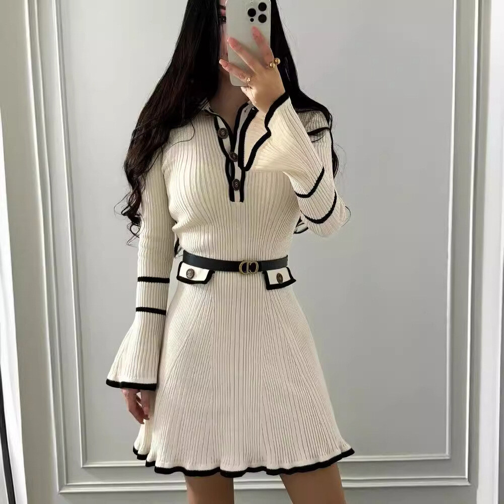 Vestido de manga comprida elegante e cor contrastante com manga sino pequeno estilo perfumado e saia curta para mulheres