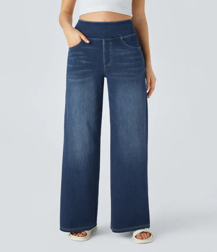 JEANS DE CINTURA ALTA COM PERNAS LARGAS MUITO ELÁSTICAS
