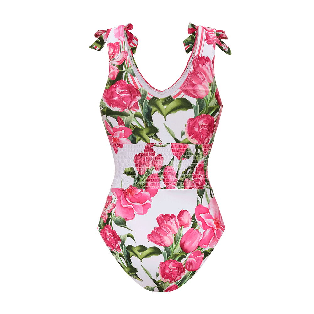 🌼 Tie Shoulder Shirring Flower Print One Piece Swimsuit and Skirt 👙