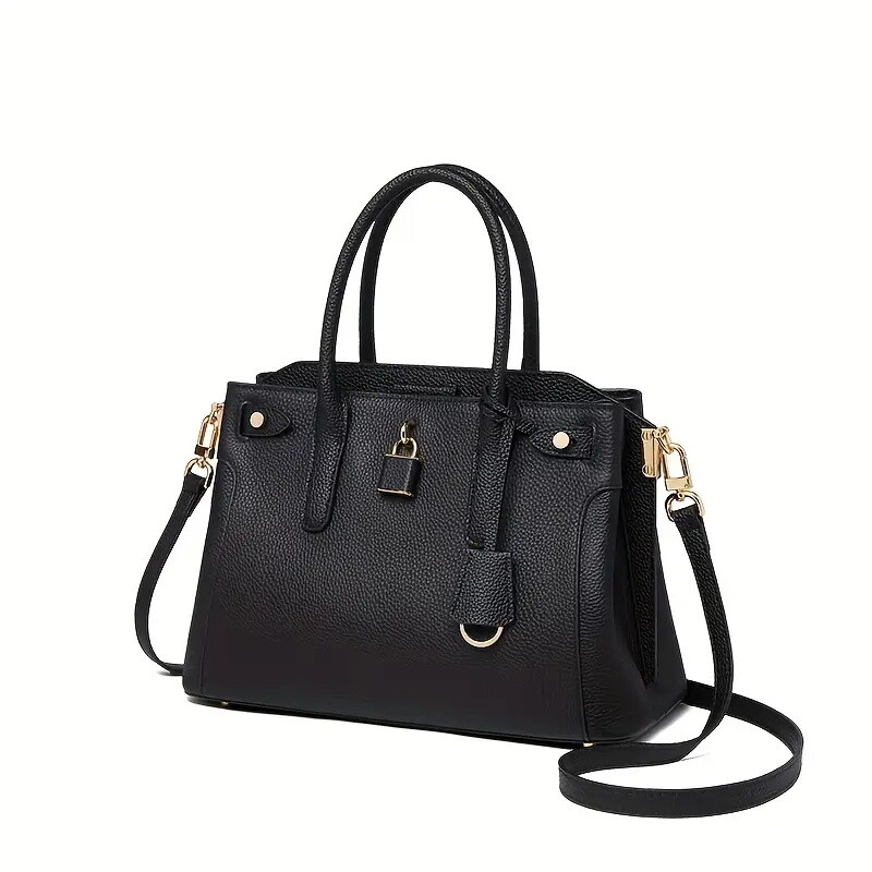 Chic Genuine Genuine Leather Handbag for Women - Spacious Retro Style Shoulder & Crossbody Purse with Adjustable Strap, Zip Closure, Beige/Black, Large Capacity, Polyester Lining, Elegant Design for Work or Daily Use, Versatile Handbag | Elegant Handbag |