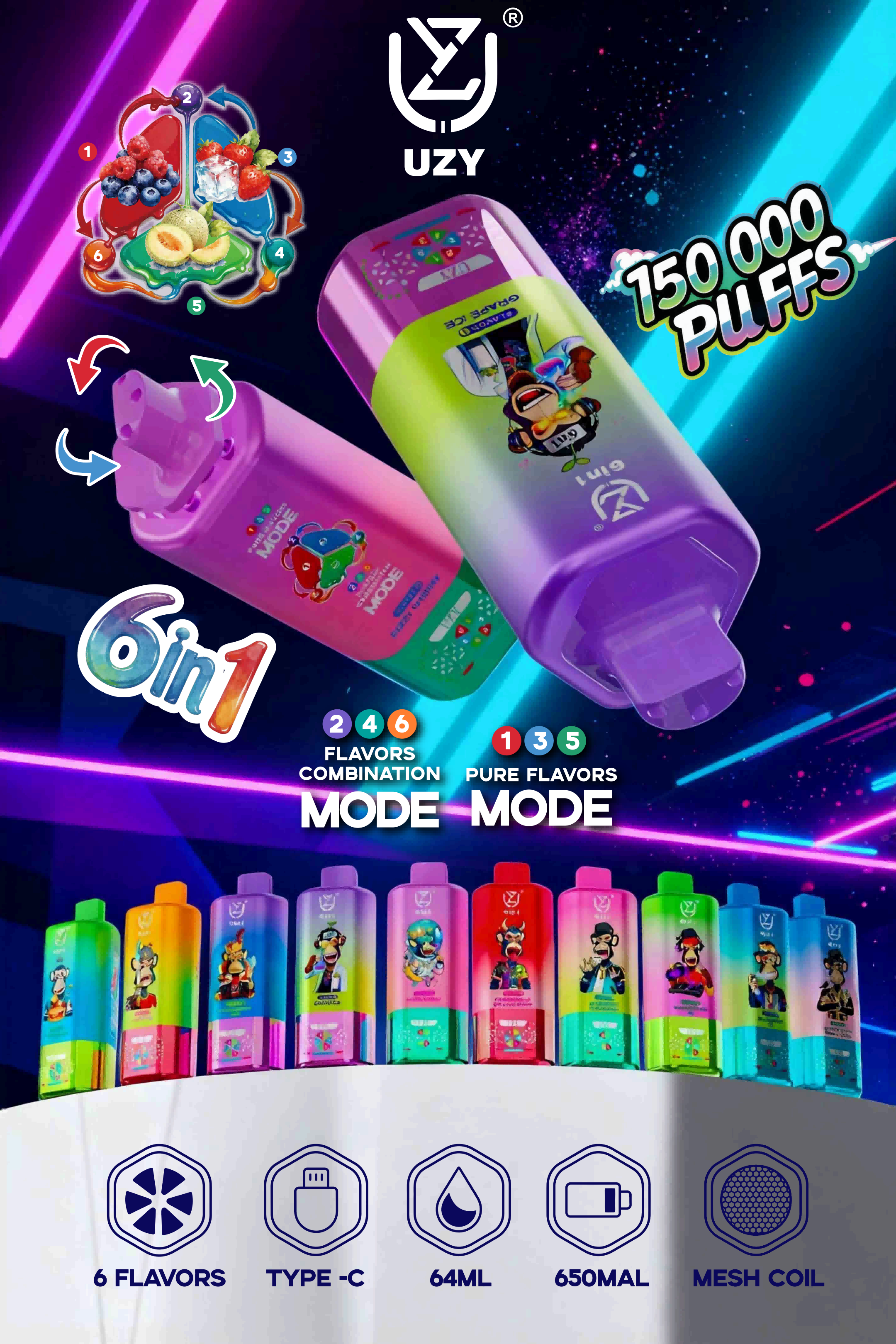 UZY 150K Puffs 6 in 1 Switch Vape