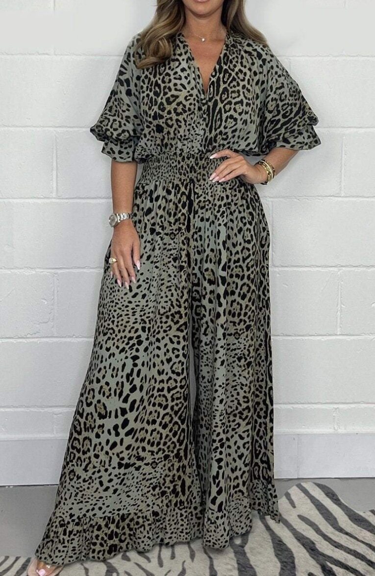 2024 Nova moda macacão casual de pernas largas com estampado leopardo