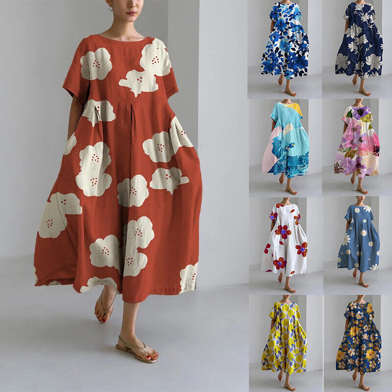 Vestido feminino de manga curta feito à mão em algodão e linho