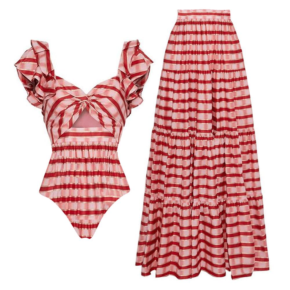 Ruffle Red Striped Printed Cut Out One Piece Swimsuit and Skirt
