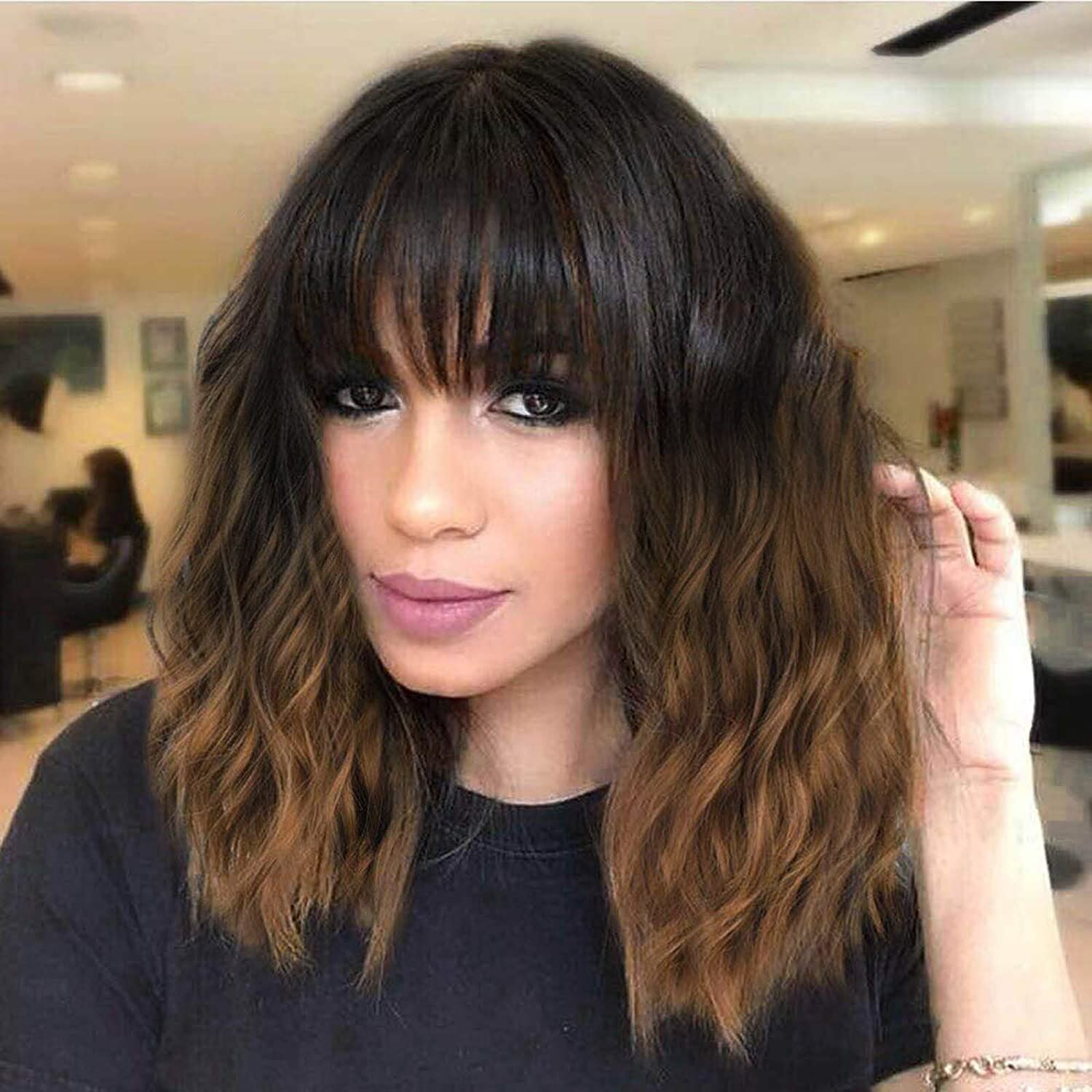 Multicolor - Medium Length Curly Hair with Thick Bangs