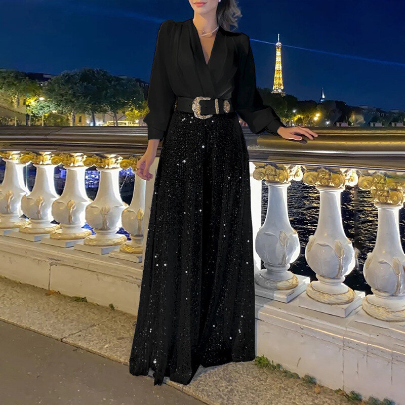 2024 vestidos femininos primavera outono premium decote em v manga comprida elegante cintura lantejoulas vestido francês
