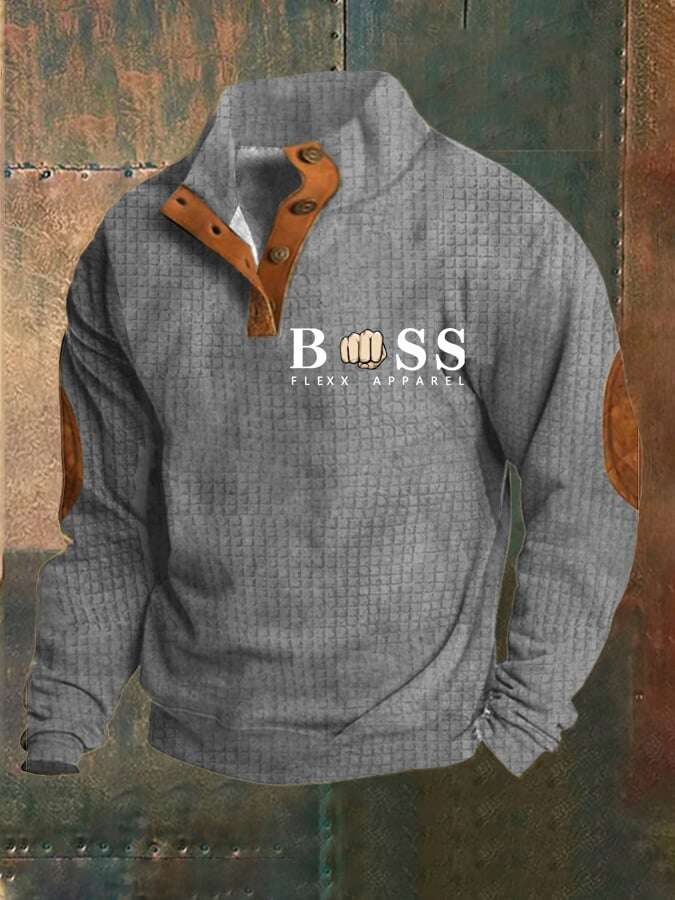 Sweatshirt de homem com estampado de letras vintage com colarinho e botão de verificação