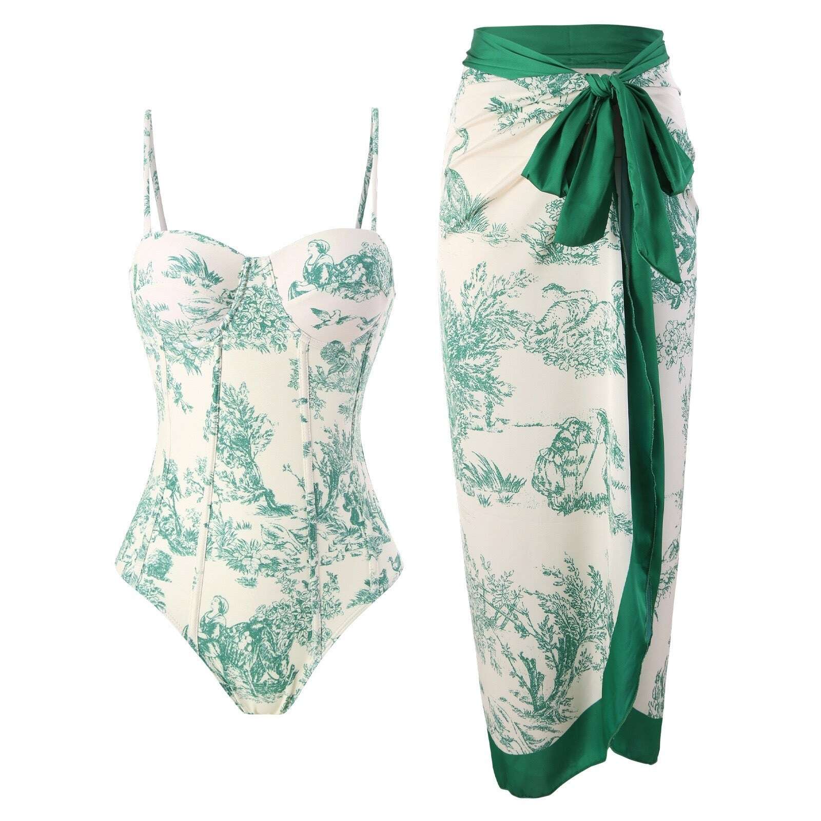 💥 Special offer: 50% off 💥 V-neck lace-up printed one-piece swimsuit with skirt