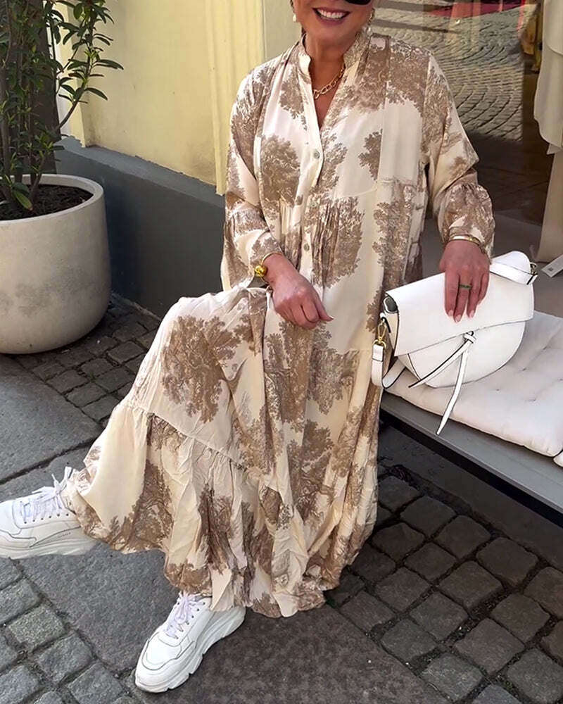 Рокля с V-образно деколте с щамповани камбанови ръкави и свободен панел