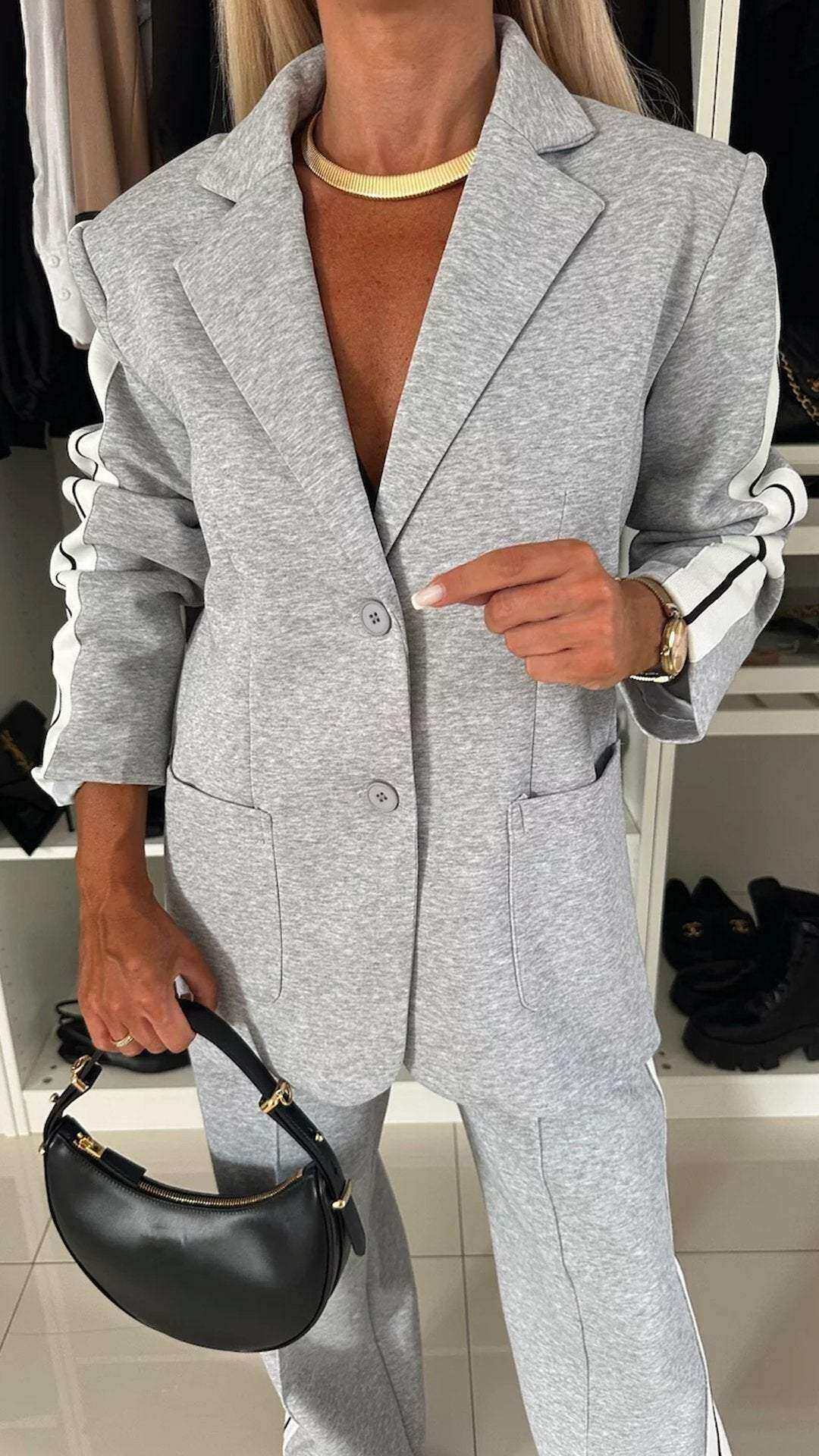 Conjunto casual feminino de duas peças com lapelas e mangas compridas