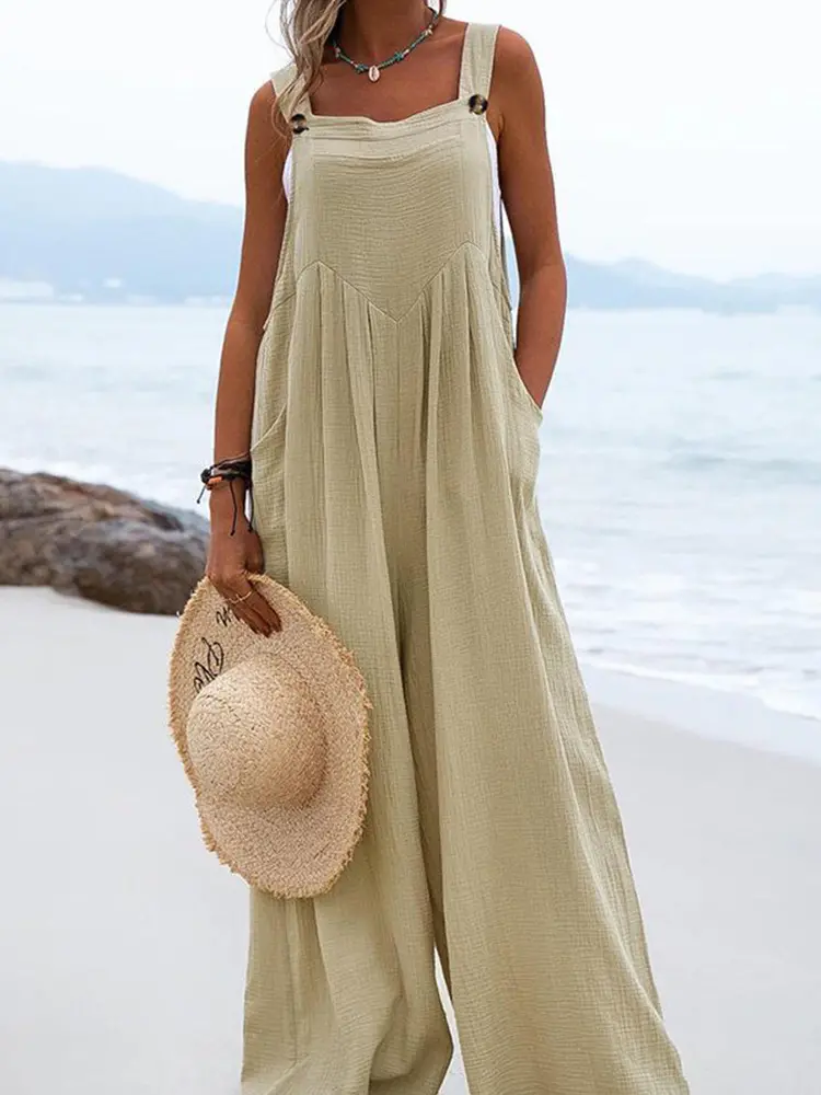 Лятото нов плътен цвят бутон подвеска гащеризон широк крак панталони