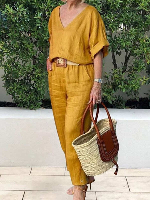 Terno feminino de algodão e linho com decote em V na primavera de 2024