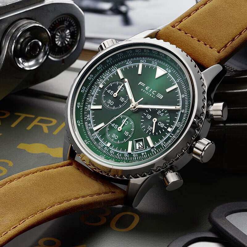 FEICE FK812 Мъжки часовници Многофункционални ръчно сглобени винтидж зелени часовници за мъже