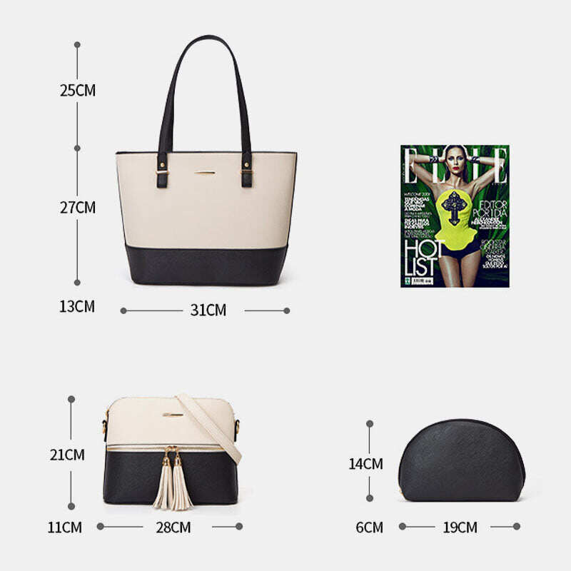 Bolsa feminina patchwork de 3 peças com franjas de alta capacidade