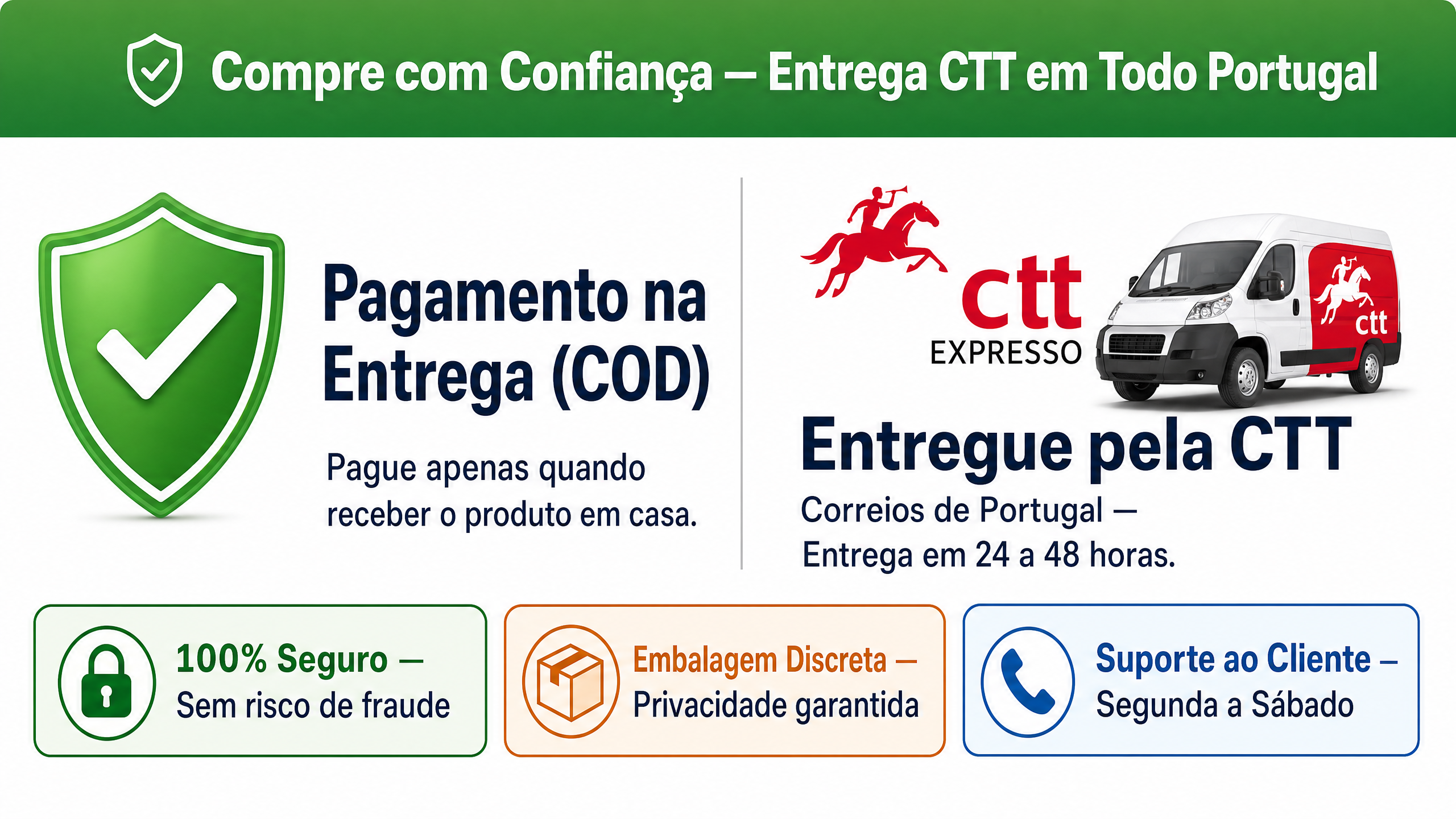Pagamento na Entrega (COD) — Entregue pela CTT Expresso em 24 a 48 horas em todo Portugal. Pague apenas quando receber. 100% Seguro, Embalagem Discreta.