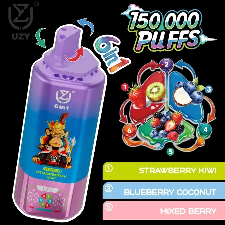 UZY 6-in-1 150,000 Puffs Disposable Vape – Quad Mesh Coil, Smart Screen, Crystal Design, Wholesale & Bulk Buy