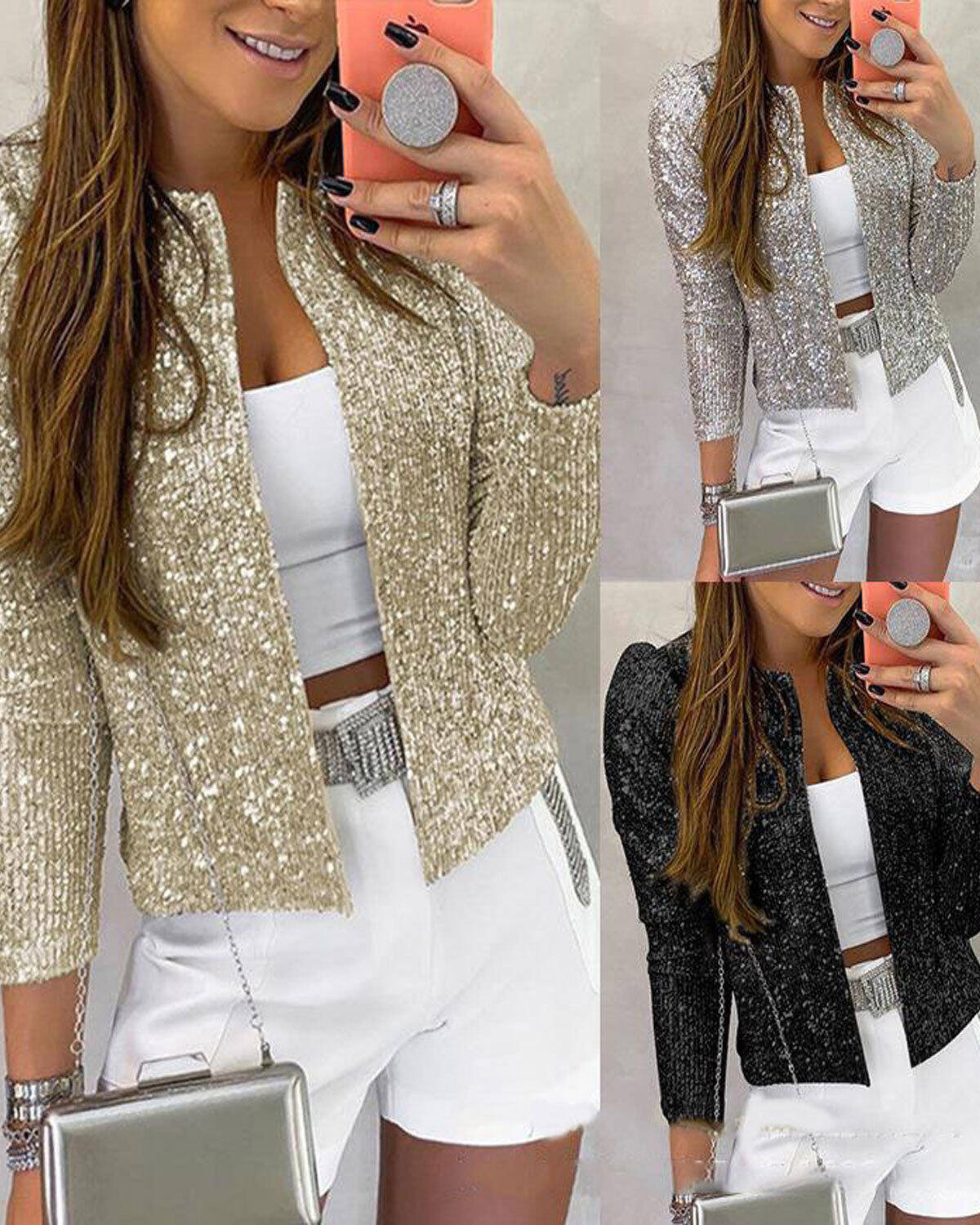 Elegante casaco de lantejoulas de cor sólida com gola alta, curto, casual, versátil, pequeno
