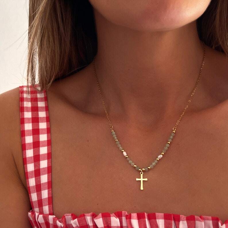 Gold Filled Beaded Cross Necklace