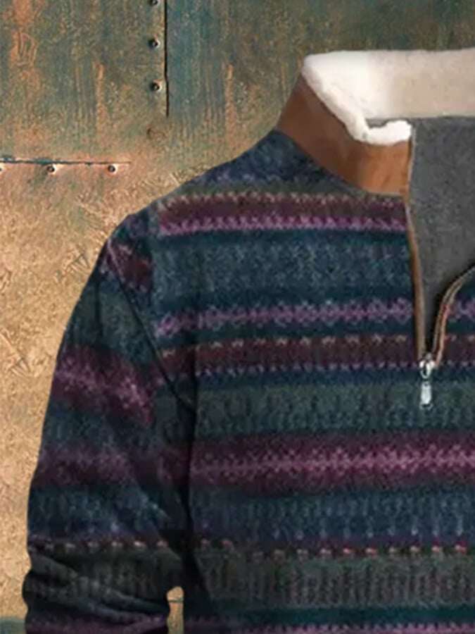 Moletom masculino com zíper e estampa vintage ocidental de pelúcia com gola alta