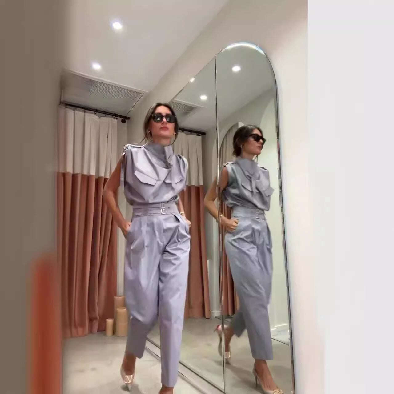 Conjunto feminino elegante de verão sem mangas de duas peças