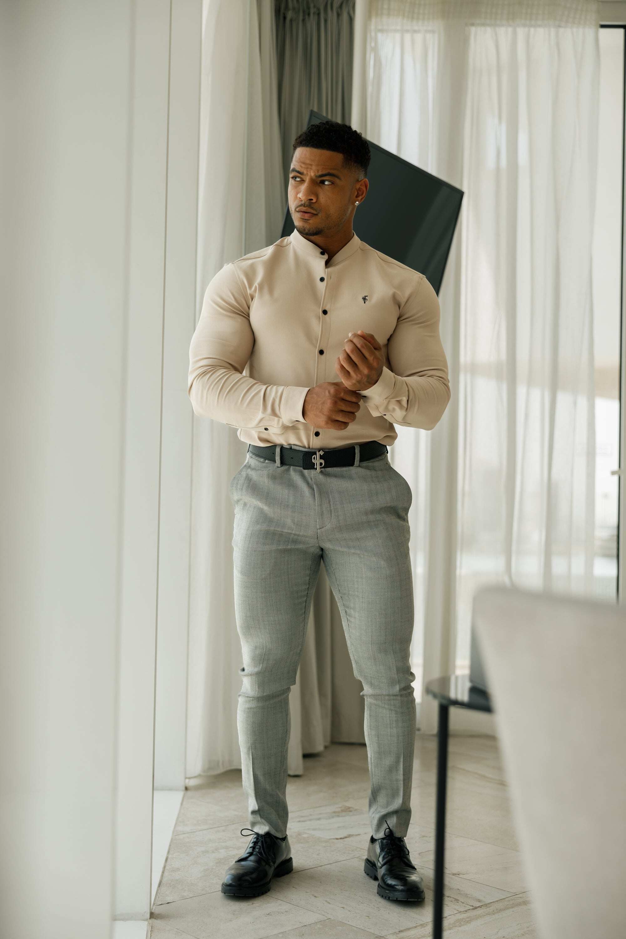 Father Sons Slim Formal Black and White Herringbone Stretch Trousers - FST014