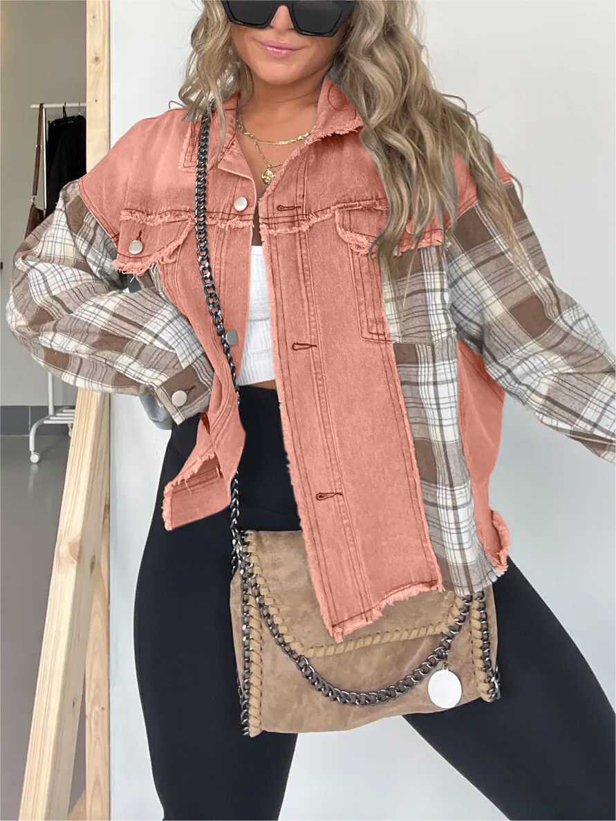 JAQUETA XADREZ E JEANS EM BLOCO COLORIDO